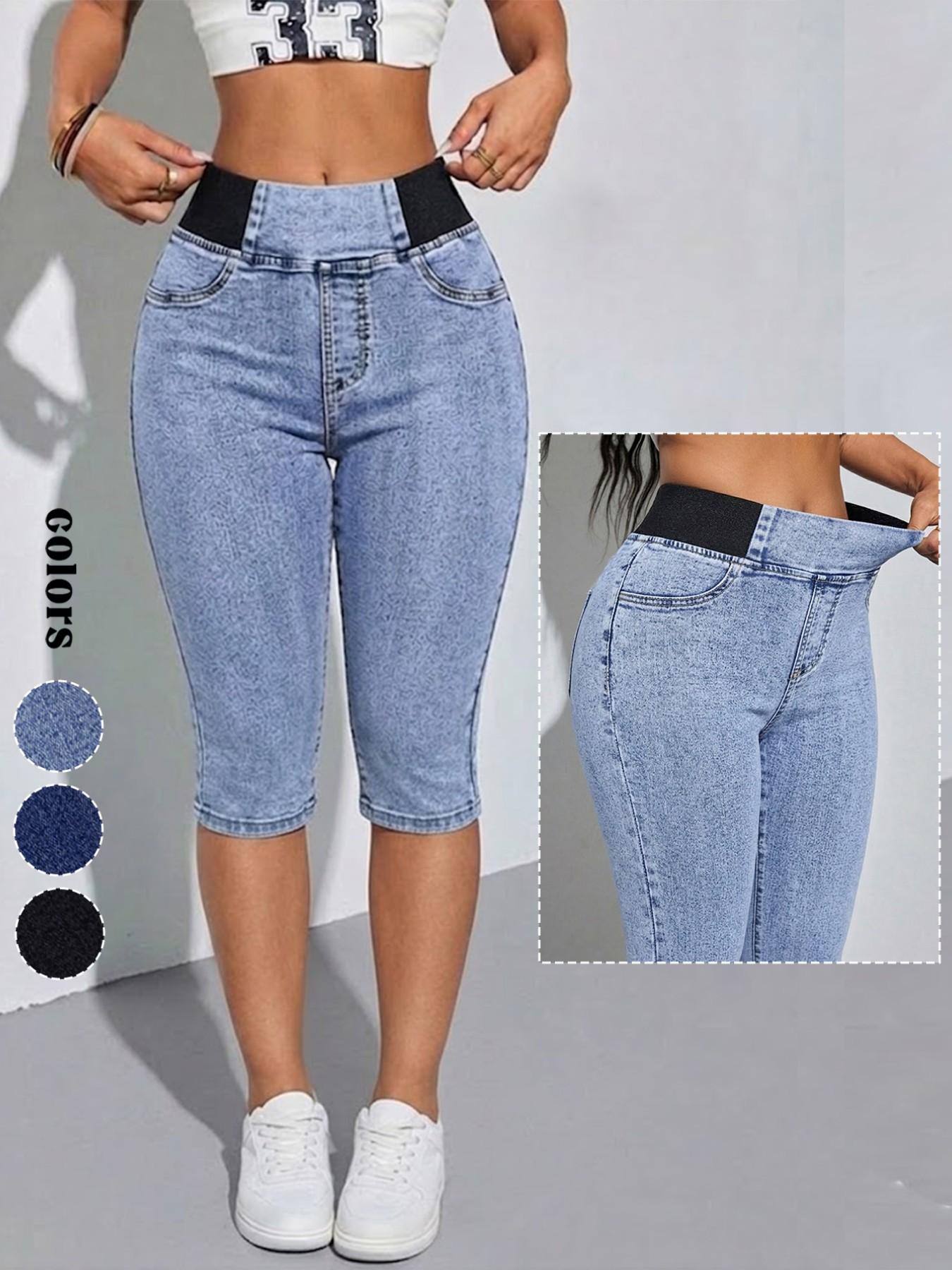 Women's Solid-Color Mid-Rise Stretch Denim Cropped Pants