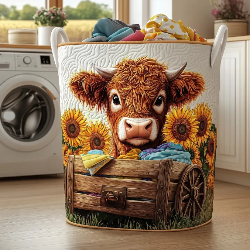 Highland Cattle Quilted Laundry Basket