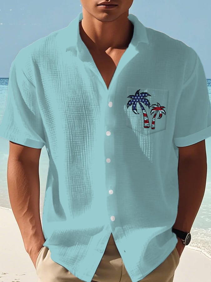 Men's Casual Flag Independence Day Coconut Tree Print Waffle Men's Shirt