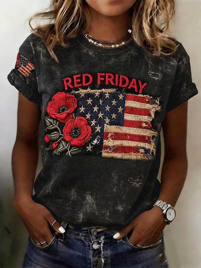 Women's Red Friday Washed Distressed Comfortable Short-Sleeve