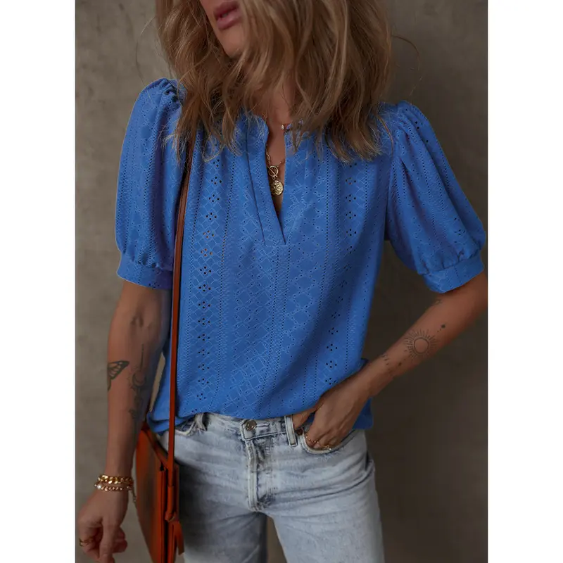 Women's Summer Business Casual Blouses V Neck Short Sleeve Shirts Hollow Out Cute Lace Tops Loose Fit Breathable Fabric