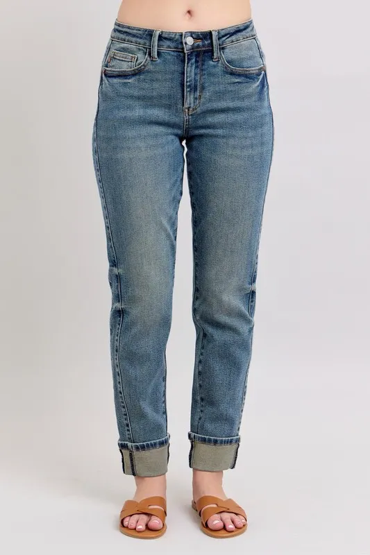 Blue Full Size Mid Rise Vintage Wash Double Roll Cuff Boyfriend Jeans Plus Size