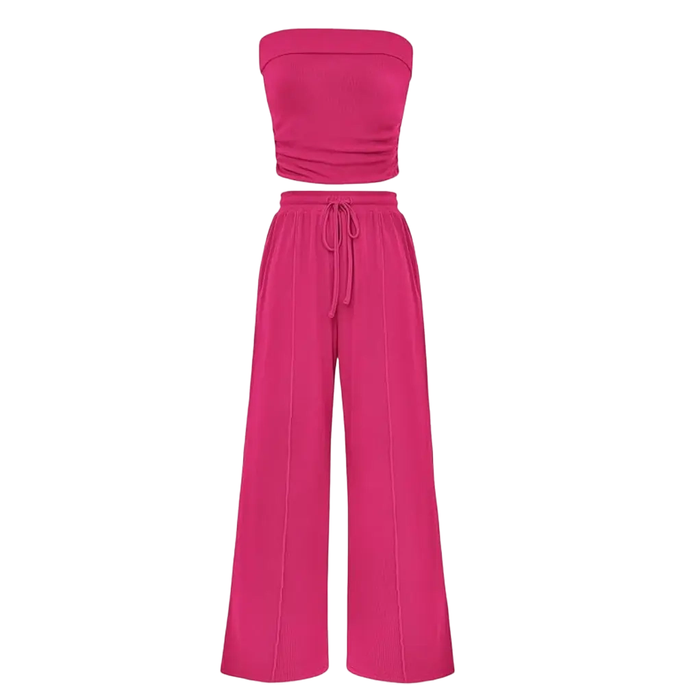 Women's Summer Outfits 2 Piece Sets Casual Ribbed Knit Crop Top & Wide Leg Pants
