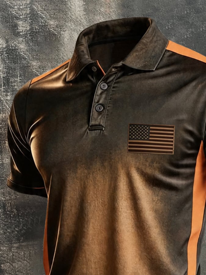 Men's Retro Patriotic Color-Block Short-Sleeve Polo Shirt