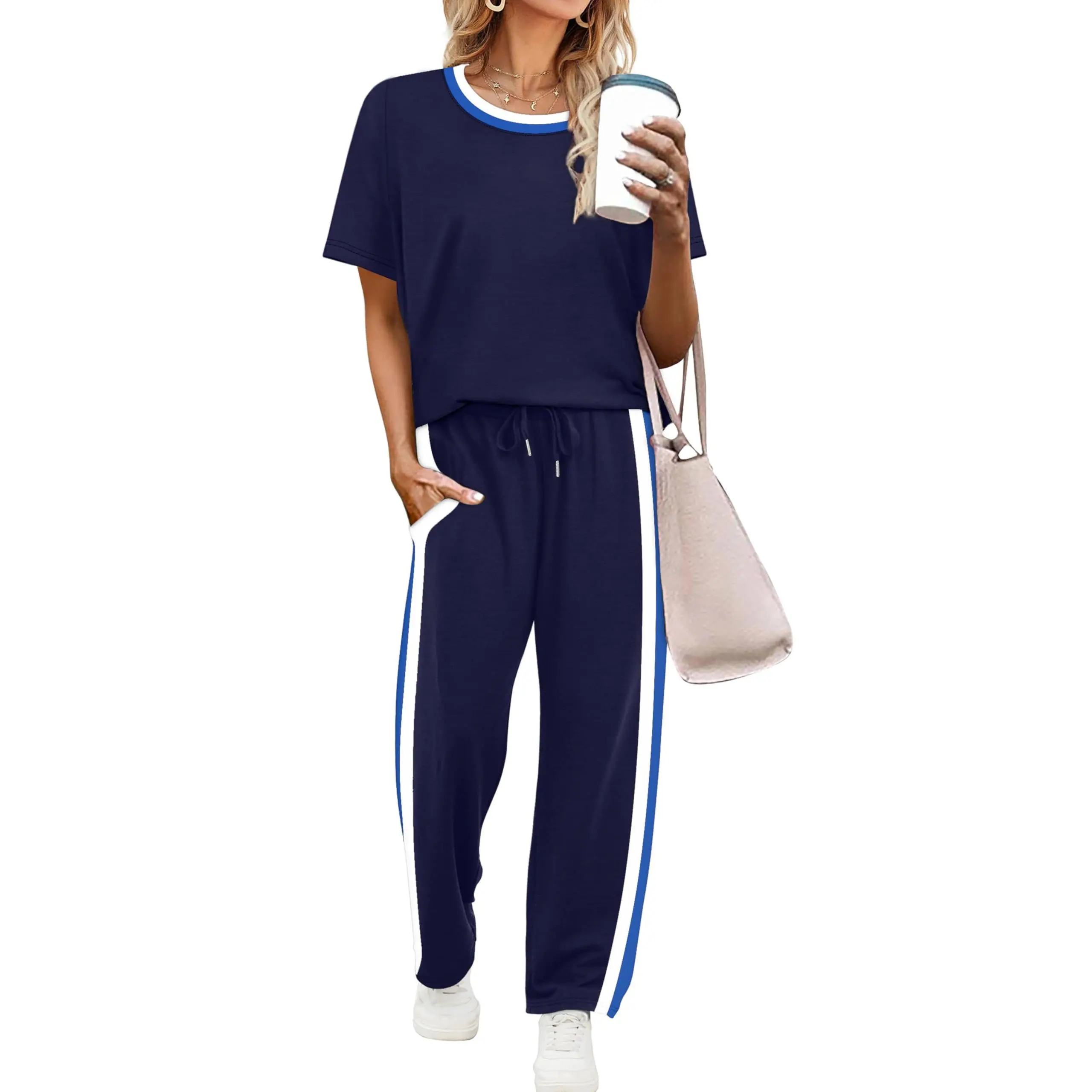 2 Piece Lounge Sets for Women Matching Set Summer Outfits Short Sleeve Tops Wide Leg Pants with Pockets