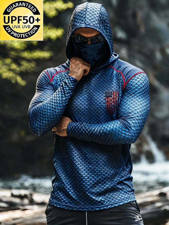 Men'S Outdoor Sun Protection Top: Breathable, Cooling, Long-Sleeve Hoodie With Built-In Face Mask And Contrast Print