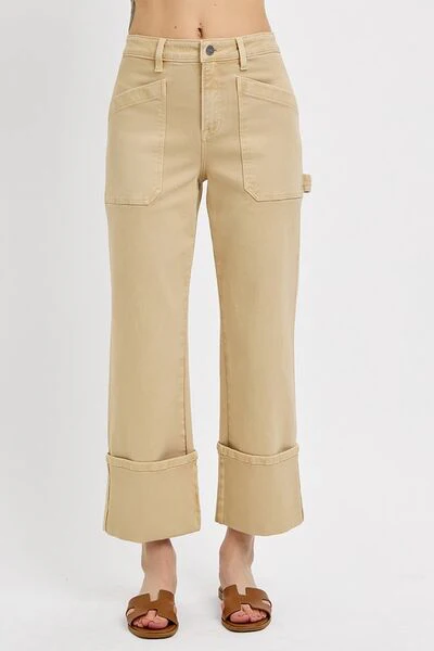 Full Size High Rise Wide Straight Cuffed Patch Jeans