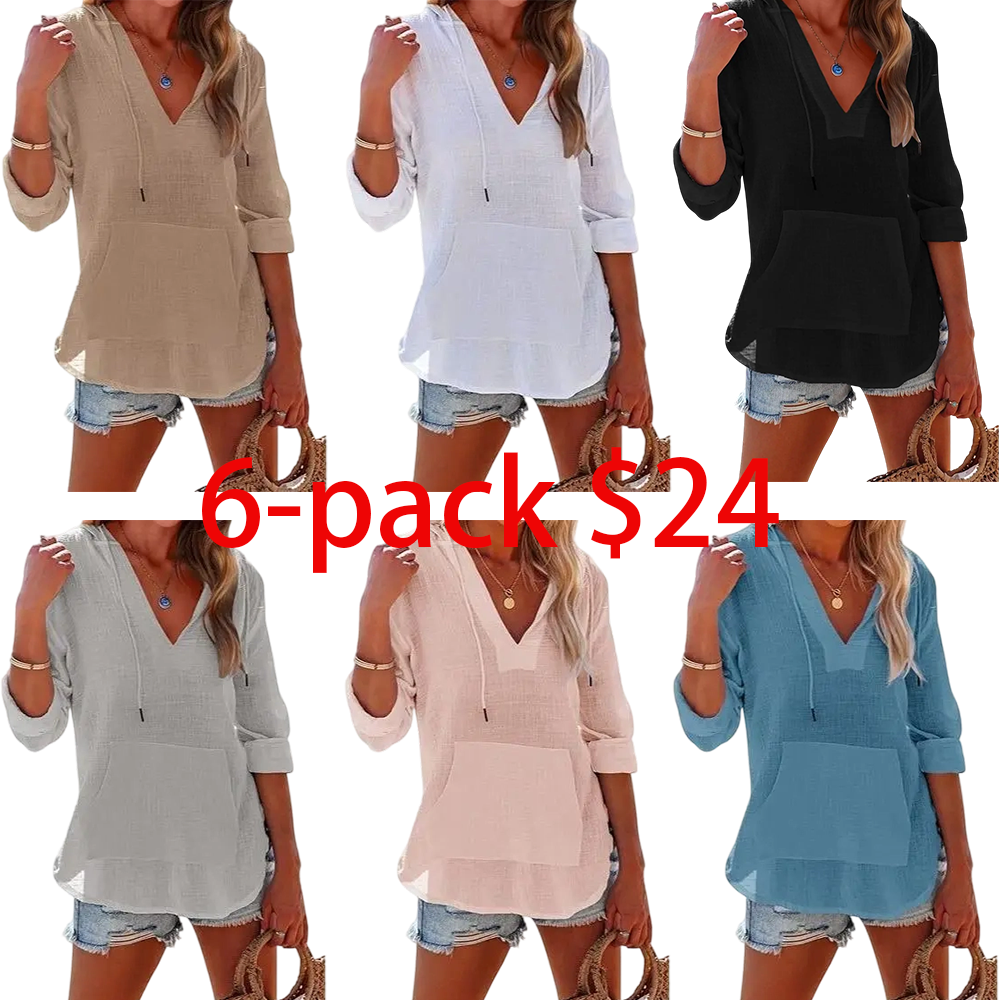 Women's 6-Pack Beach Cover Up Hoodies – Long Sleeve V Neck Pocketed Hooded Shirt Top Casual Womenswear