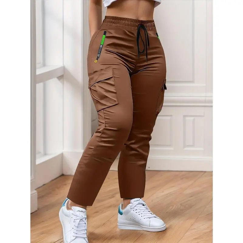 Women's Heavy-Duty Cargo Pants with Multi-Zipper Pockets & Neon Green Accents