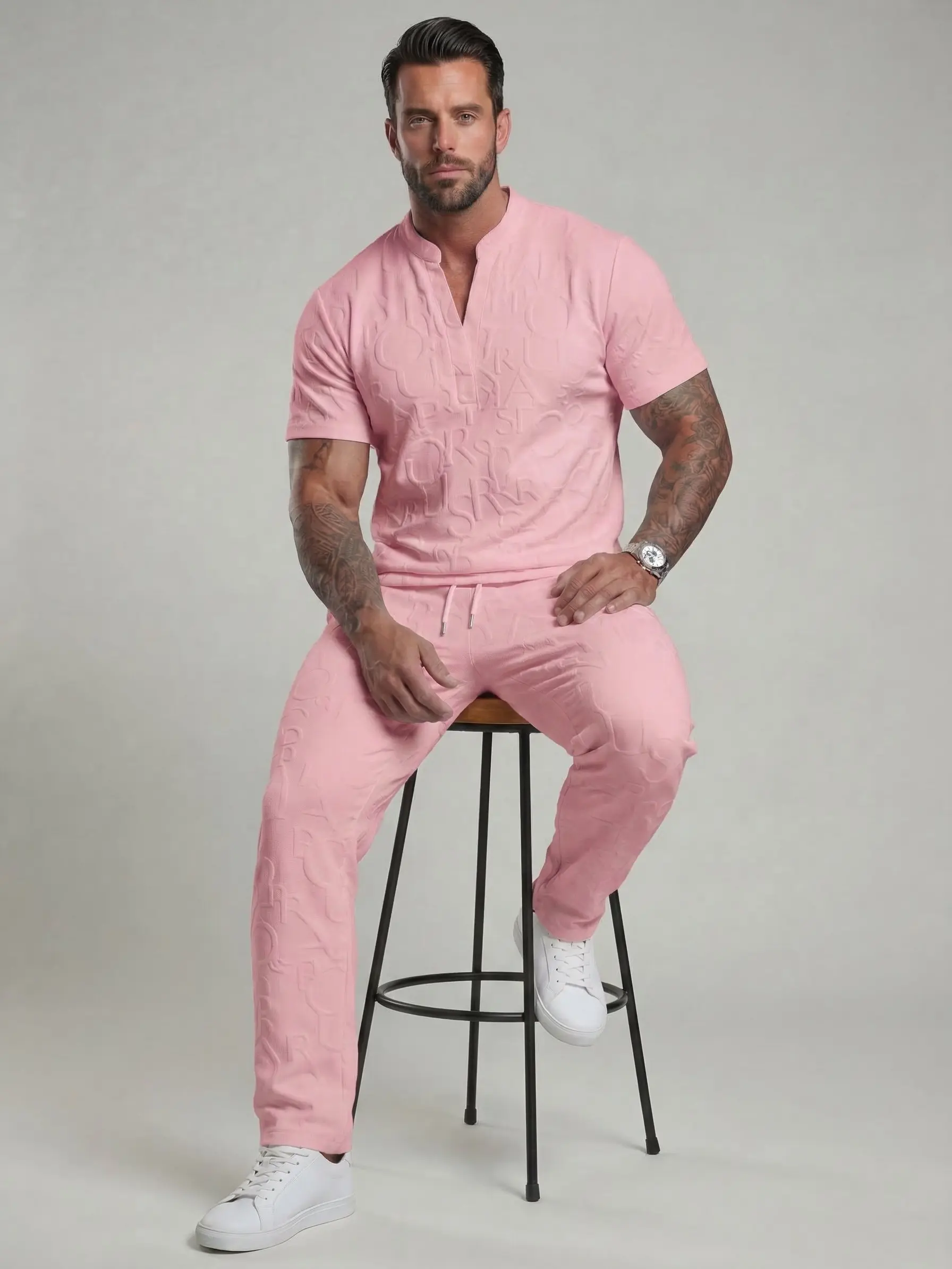 Men's Textured Letter-Embossed T-Shirt & Drawstring Waist Trousers Set