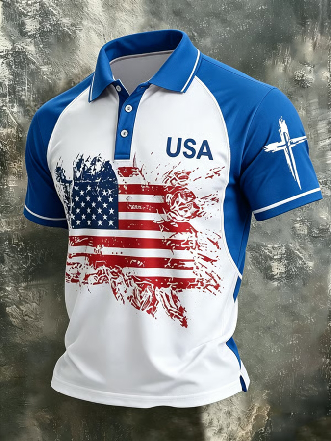 Men'S Retro American Founding Celebration Cross Sleeve Polo Shirt