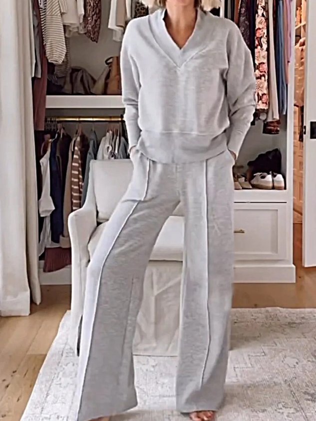 Women's Split Joint Plain Daily Going Out Two-Piece Set White Casual Spring/Fall Top With Pants Matching Set