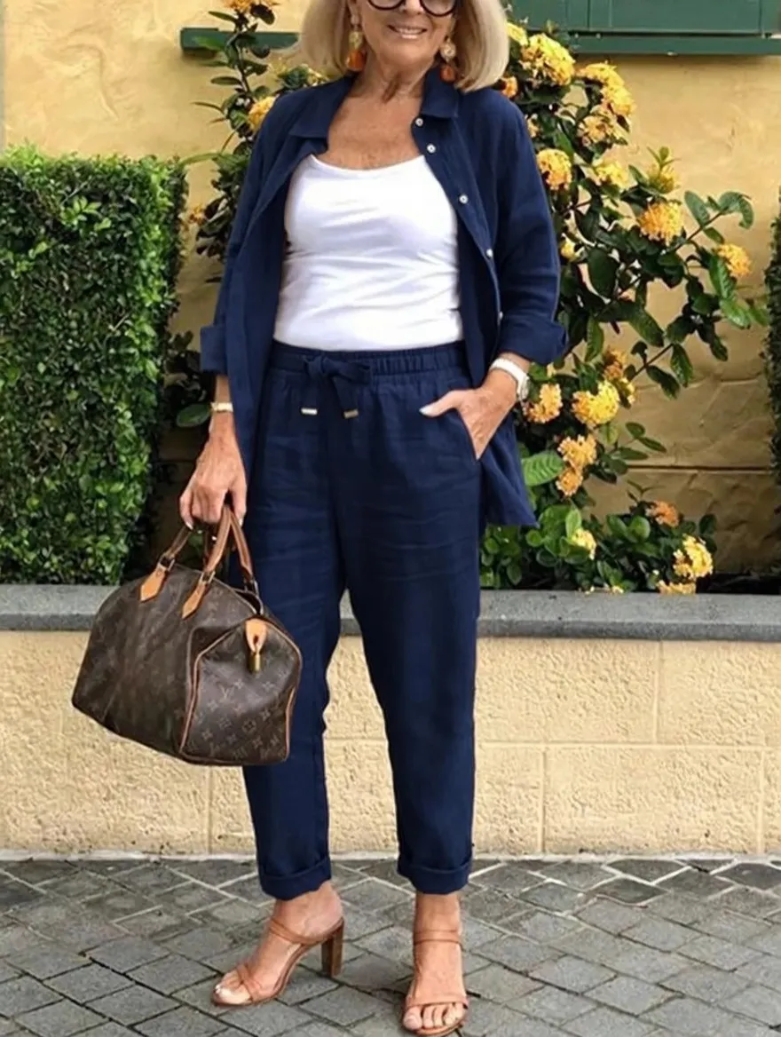 Solid Cotton Linen Women Suits  Casual