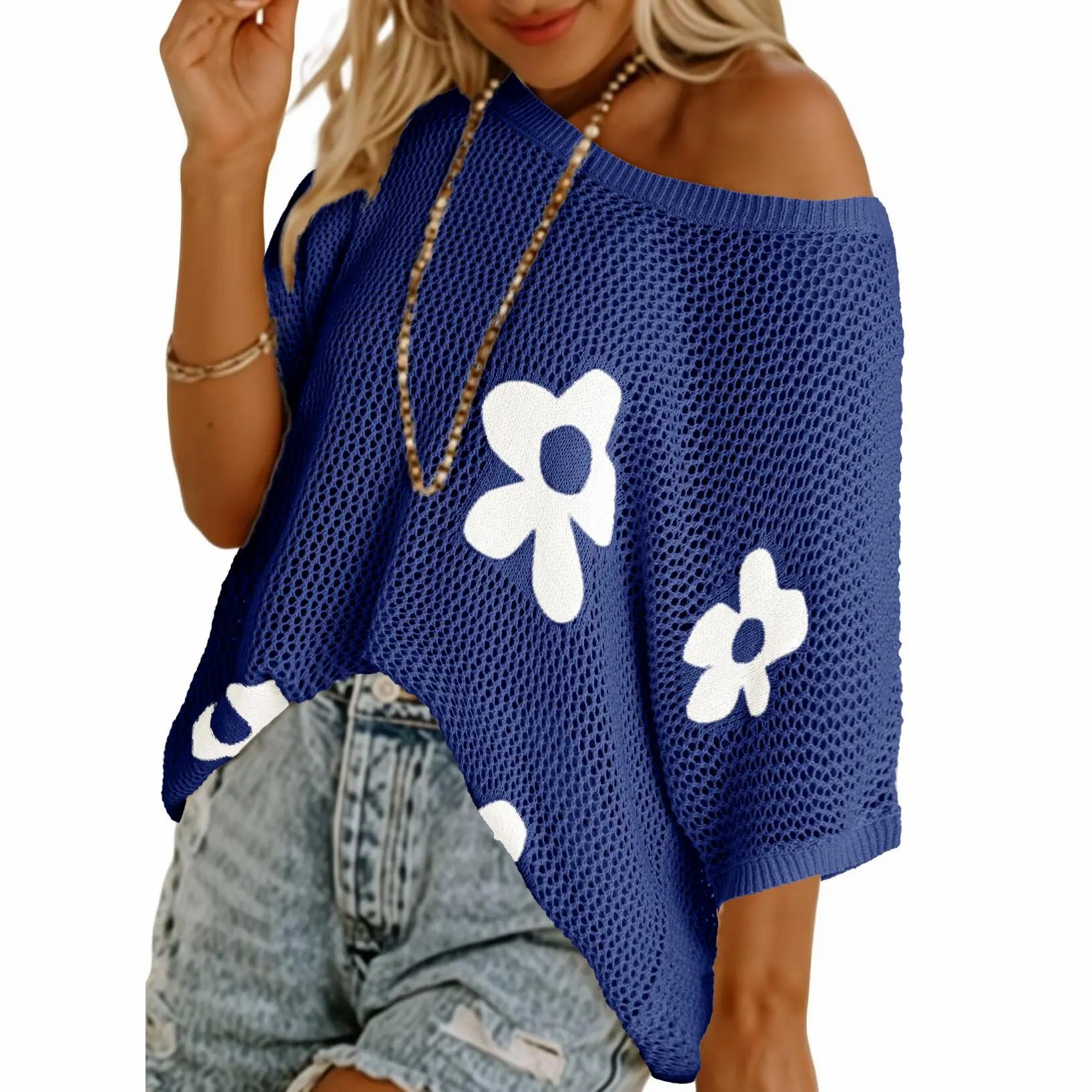 Women's Floral Crochet Sweater – Short Sleeve Lightweight Knit Beach Cover Up