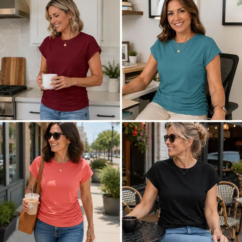 Womens Summer Tops Trendy 2026 Ruched Cap Short Sleeve Tshirts Shirts Crew Neck T Shirts Fashion