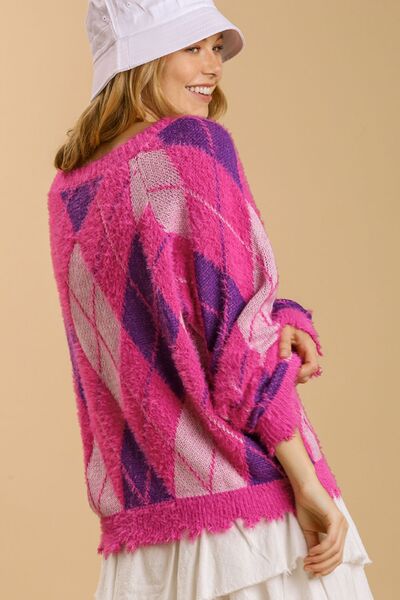 Full Size Argyle Pattern V-Neck Button Front Cardigan
