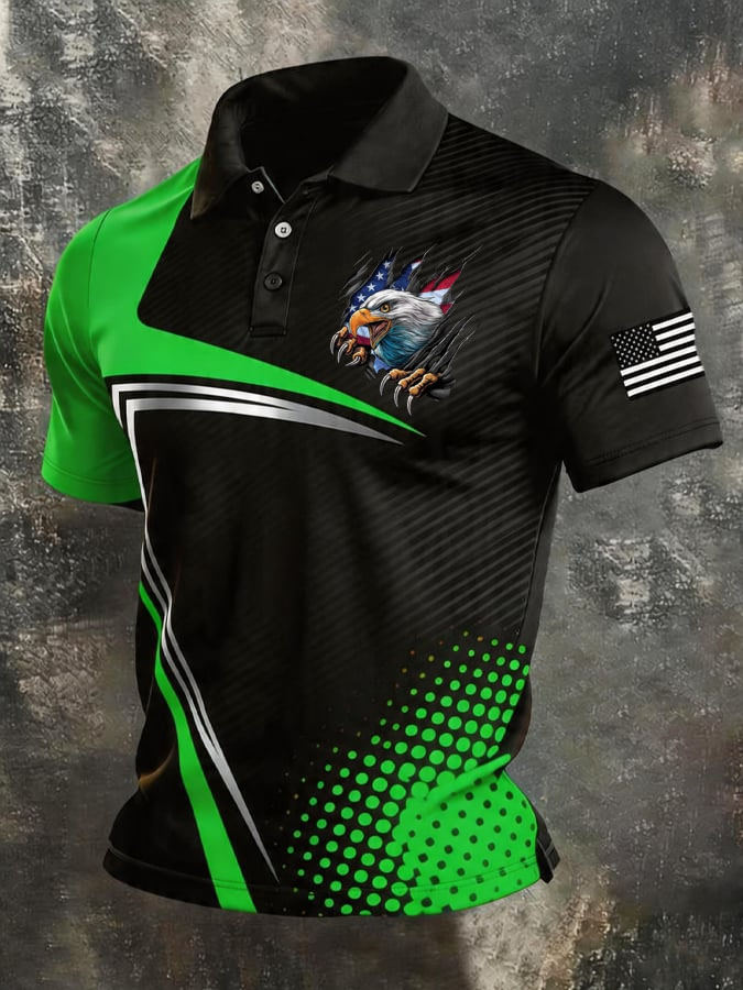 Men's Retro Patriot Color Block Polo Collar Short Sleeve