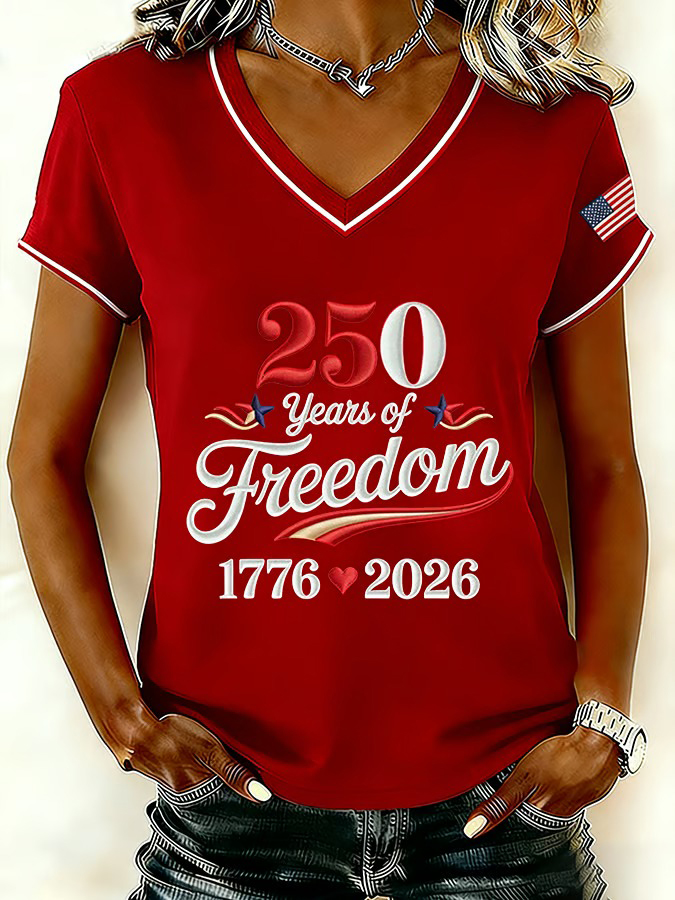Women's Retro American 250th Anniversary Printed V-neck T-shirt