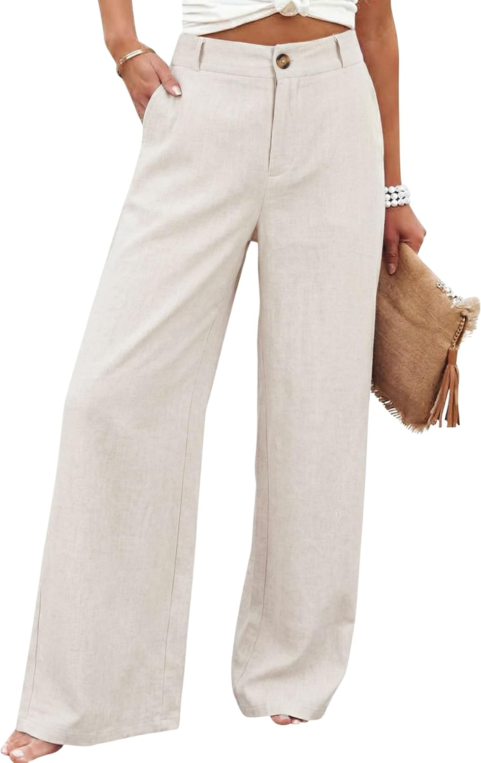 Womens Cotton Linen Pants Casual Button Up High Waisted Wide Leg Trousers