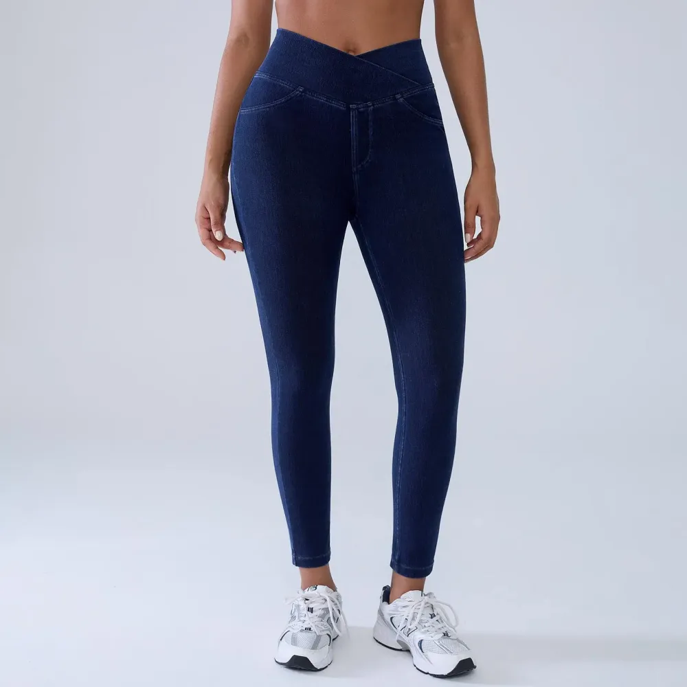 Women's High-Waisted Stretch Jeans with Crossover Design — Slim-Fit Flared Denim Leggings