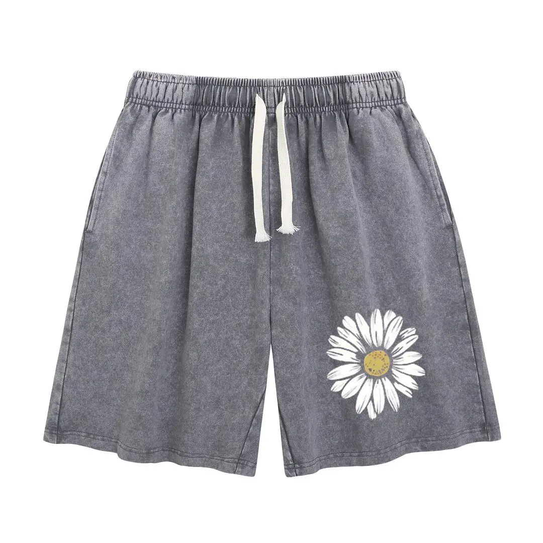 Summer Vintage Printed Acid Wash Sweat Shorts, Unisex Casual Streetwear Bottoms with Drawstring and Convenient Pockets baggy comfy