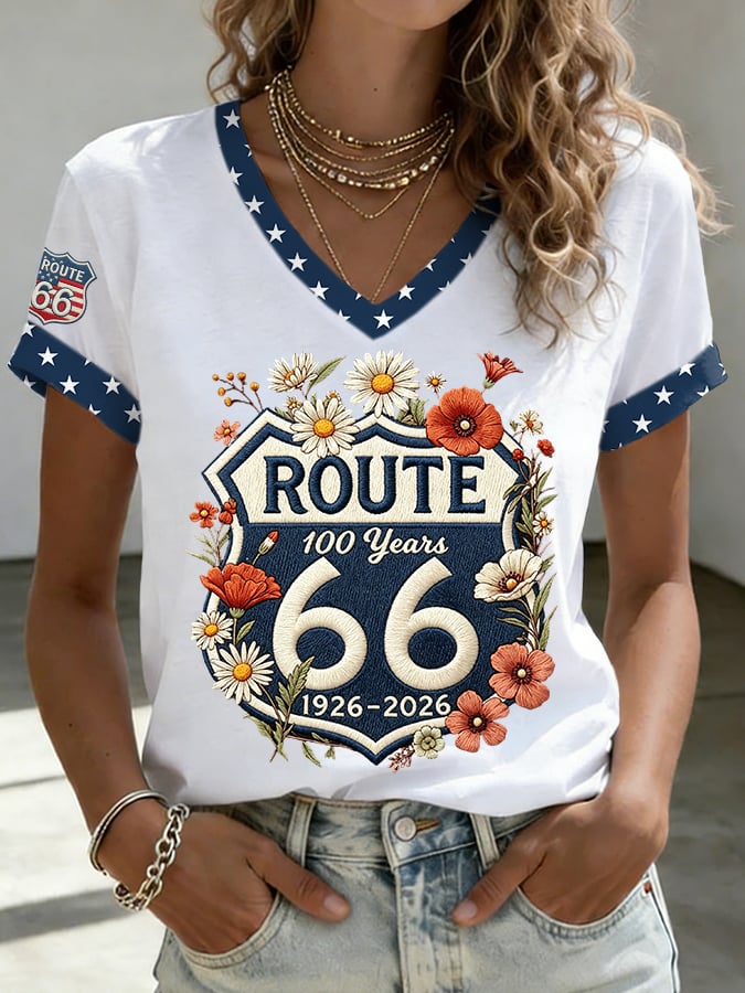 Women's Route 66 Centennial Print V Neck T-shirt