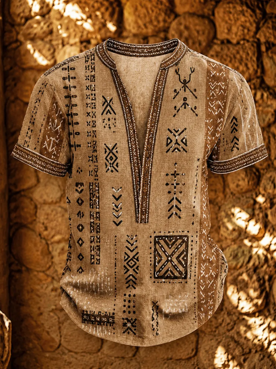 Men’s Retro African Tribal Symbol Print Casual Shirt