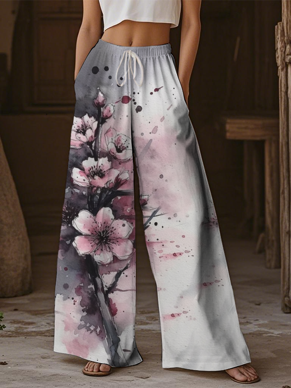 Women's Retro Japanese Floral Ink Art Print Casual Pants