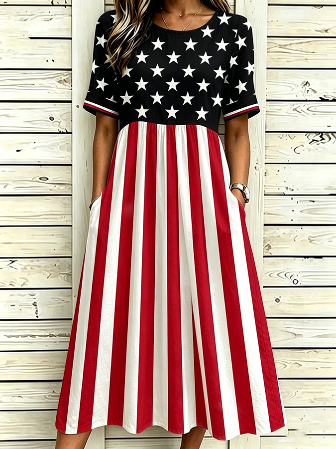 Women's America Flag Prints Cotton Linen Short-Sleeved Dress