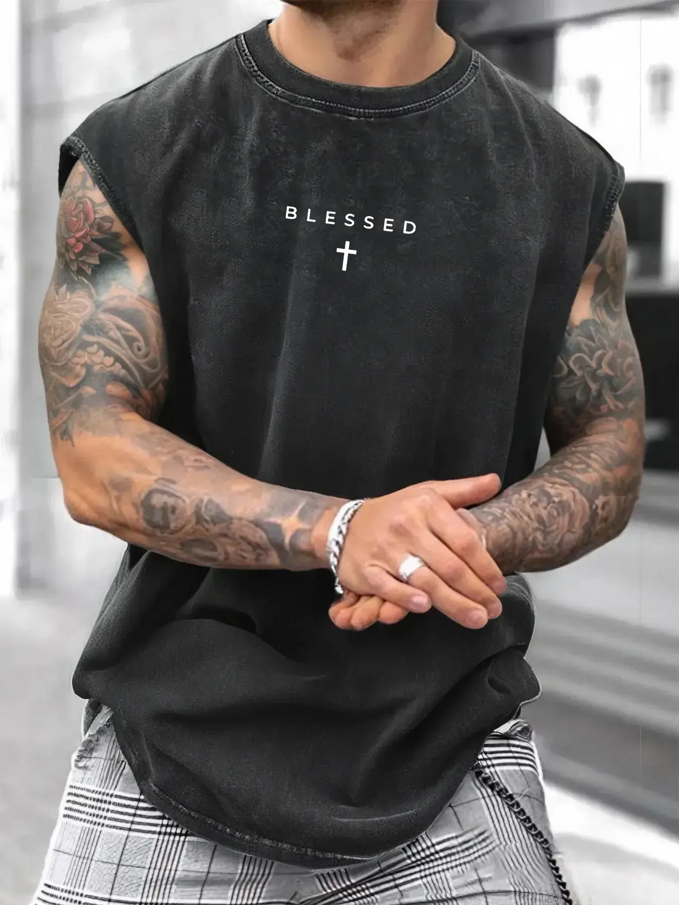 Men's Loose-Fit Sleeveless Short Graphic T-Shirt, Pure Cotton Menswear Streetwear Street Style Summer Top