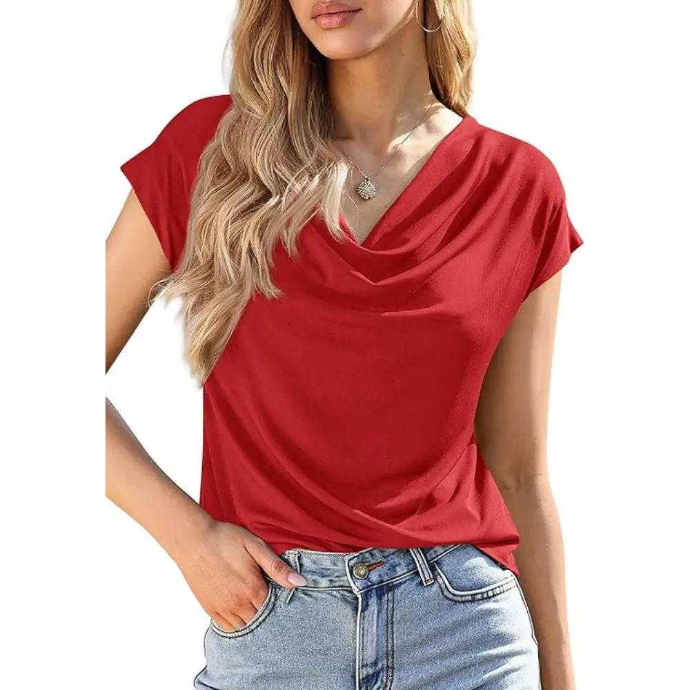 Women's Cowl-Neck Short-Sleeve Top — Elegant Casual Wear, Summer Shirt