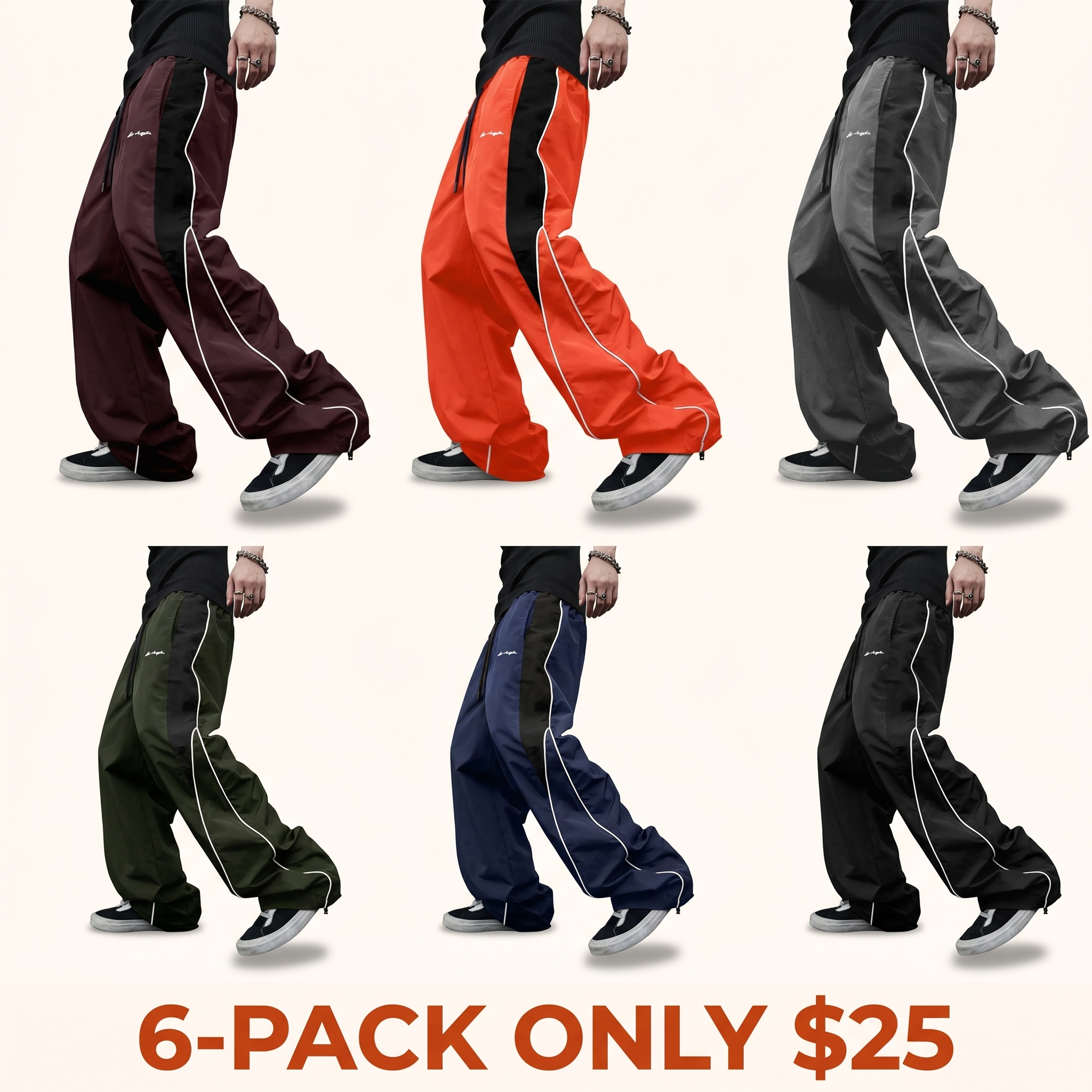 Men's High-Street Style Color-Block Spliced ​​Wide-Leg Pants with Side Stripes and Drawstrings
