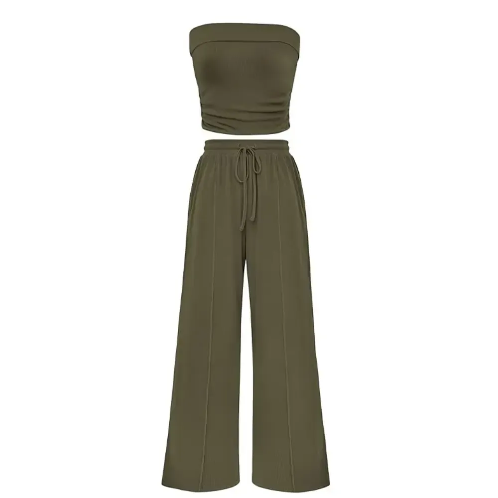Womens Summer Outfits 2 Piece Sets Casual Ribbed Knit Crop Tube Top Wide Leg Pants