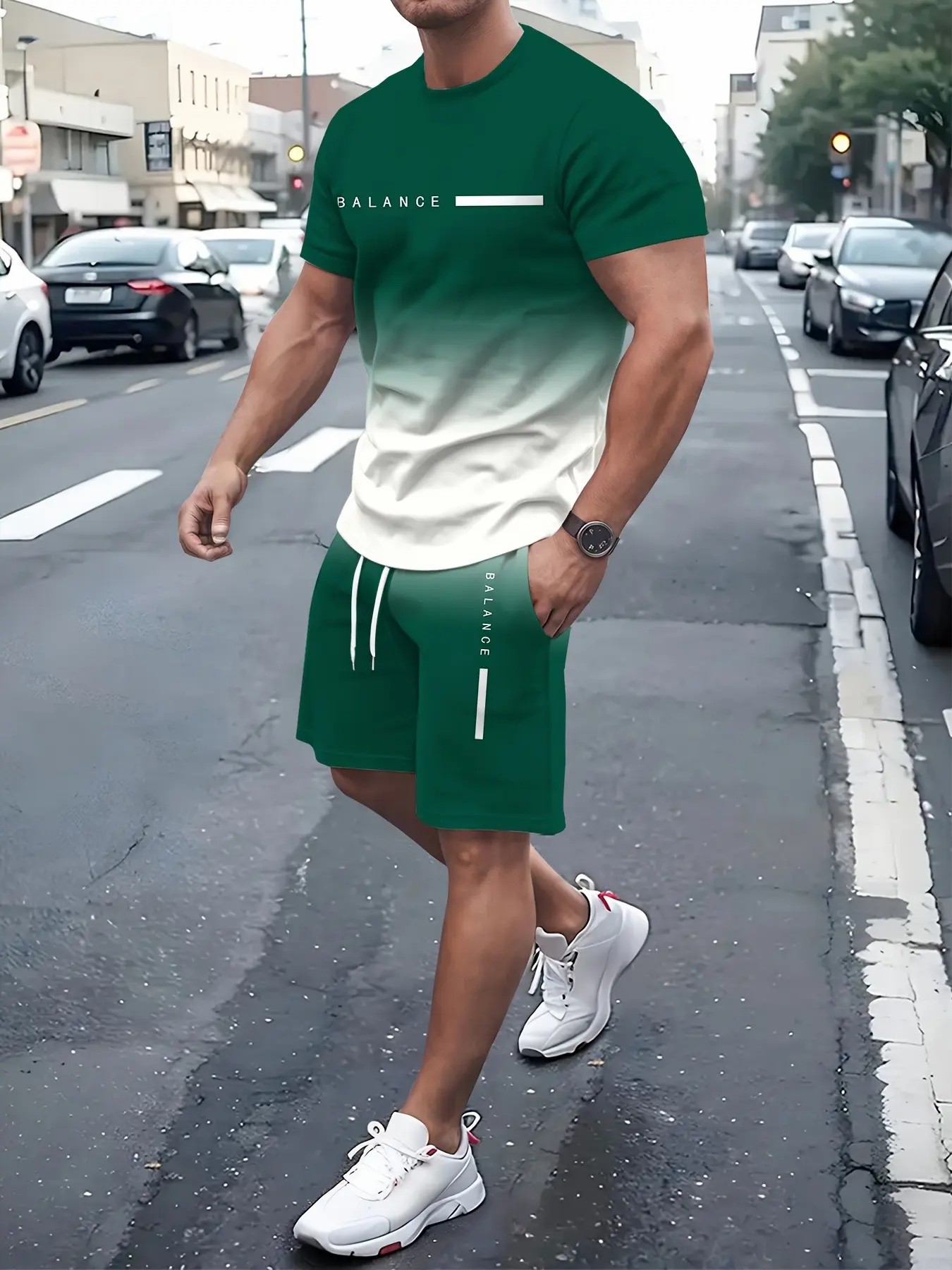 Men’s Gradient Activewear Set – Fitted Tee & Shorts 2-Piece