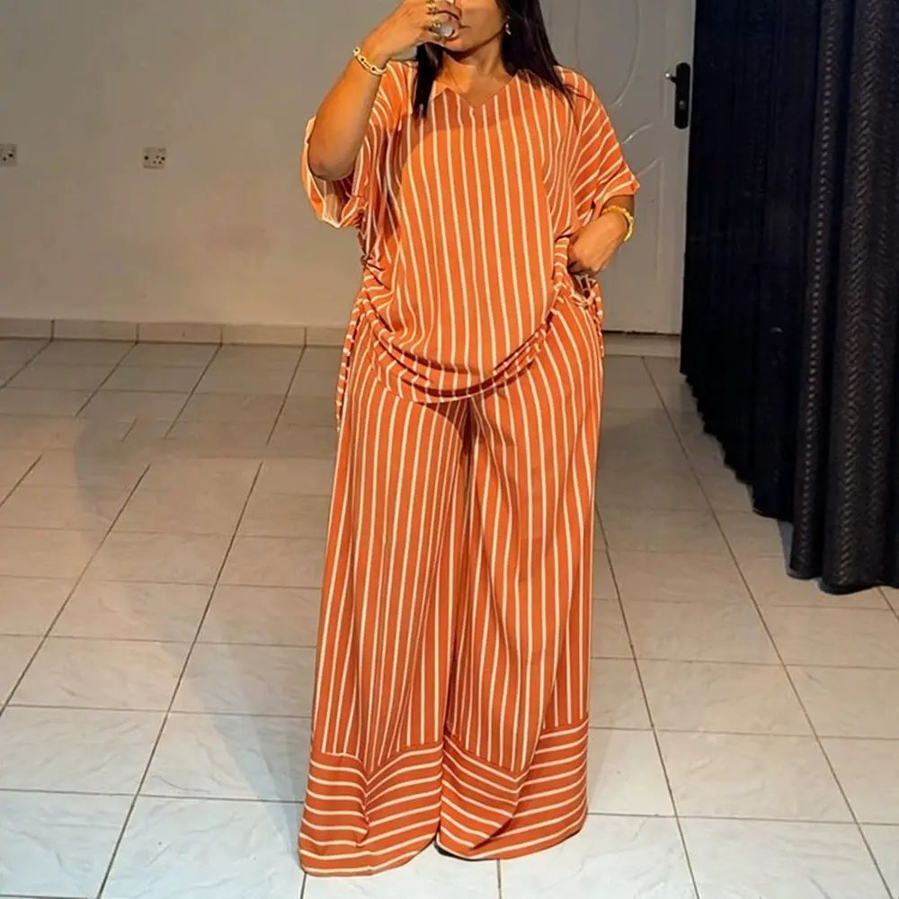 BreezeStyle Striped V-Neck Drawstring Wide-Leg Set