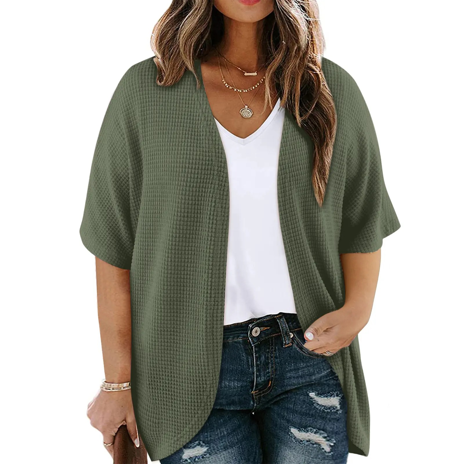 Women's Plus Size Cardigan Casual Short Sleeve Waffle Knit Kimono Open Front Tops(1X-5X)