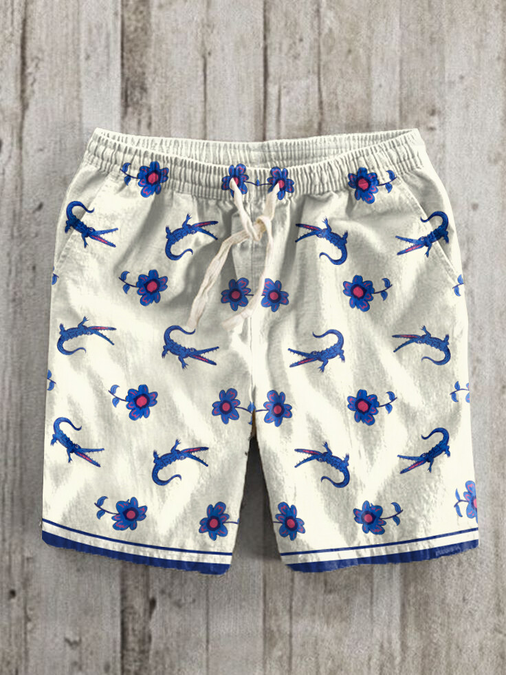 Men's Flowers And Crocodiles Art Print Casual Shorts