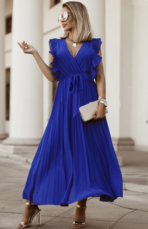Beach Lotus Leaf Sleeve Chiffon Pleated Skirt Solid Color Dress