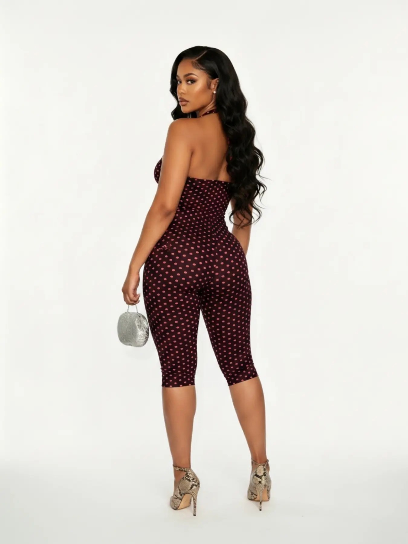 Women's Polka Dot Sleeveless Halter Bodycon Fit Long Pants, Elegant Retro Chic Style