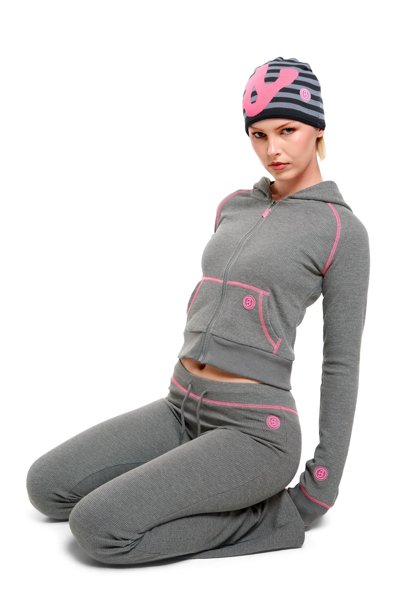 WAFFLE KNIT BOOT CUT PANTS (CHARCOAL/PINK)