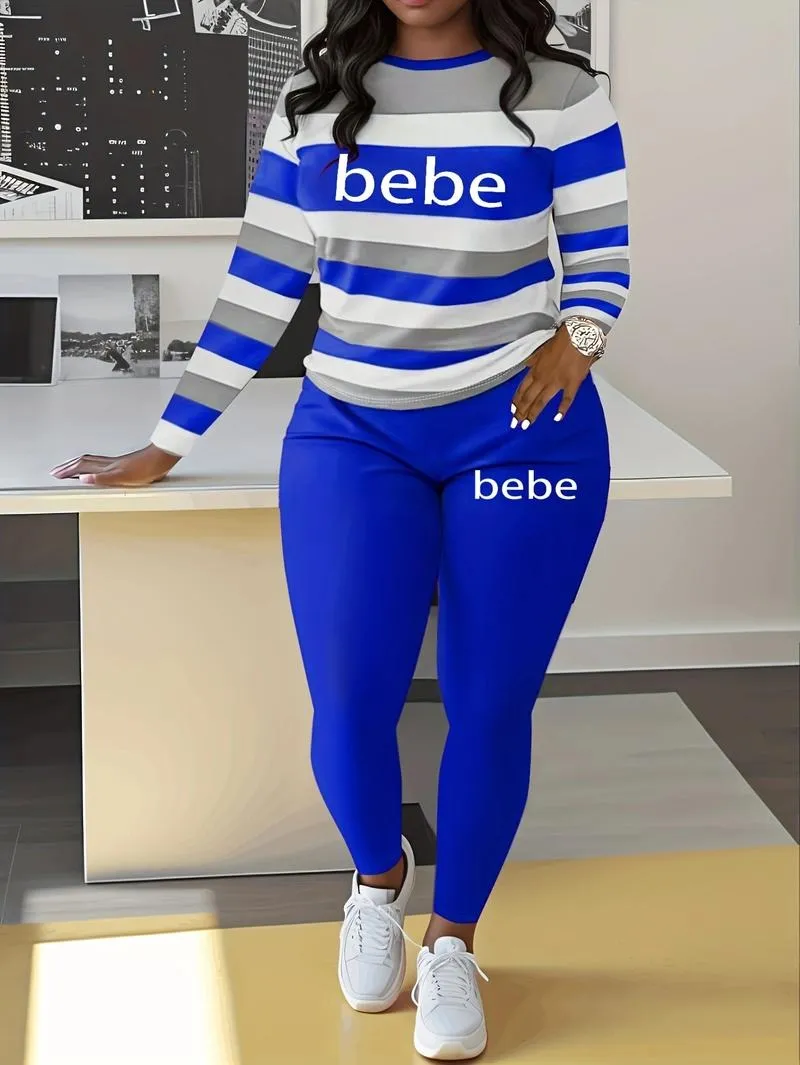 Women's Striped Bebe Letter Print Casual Autumn Winter Round Neck Long Sleeve Top & Pants Set