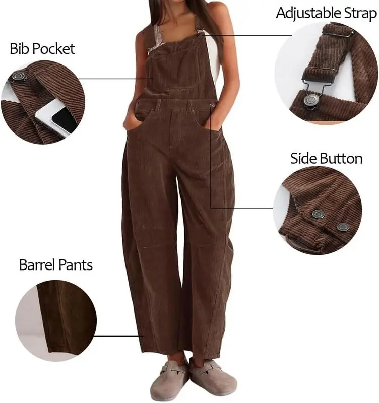 Women's Corduroy Overalls Barrel Wide Leg Bib Pants