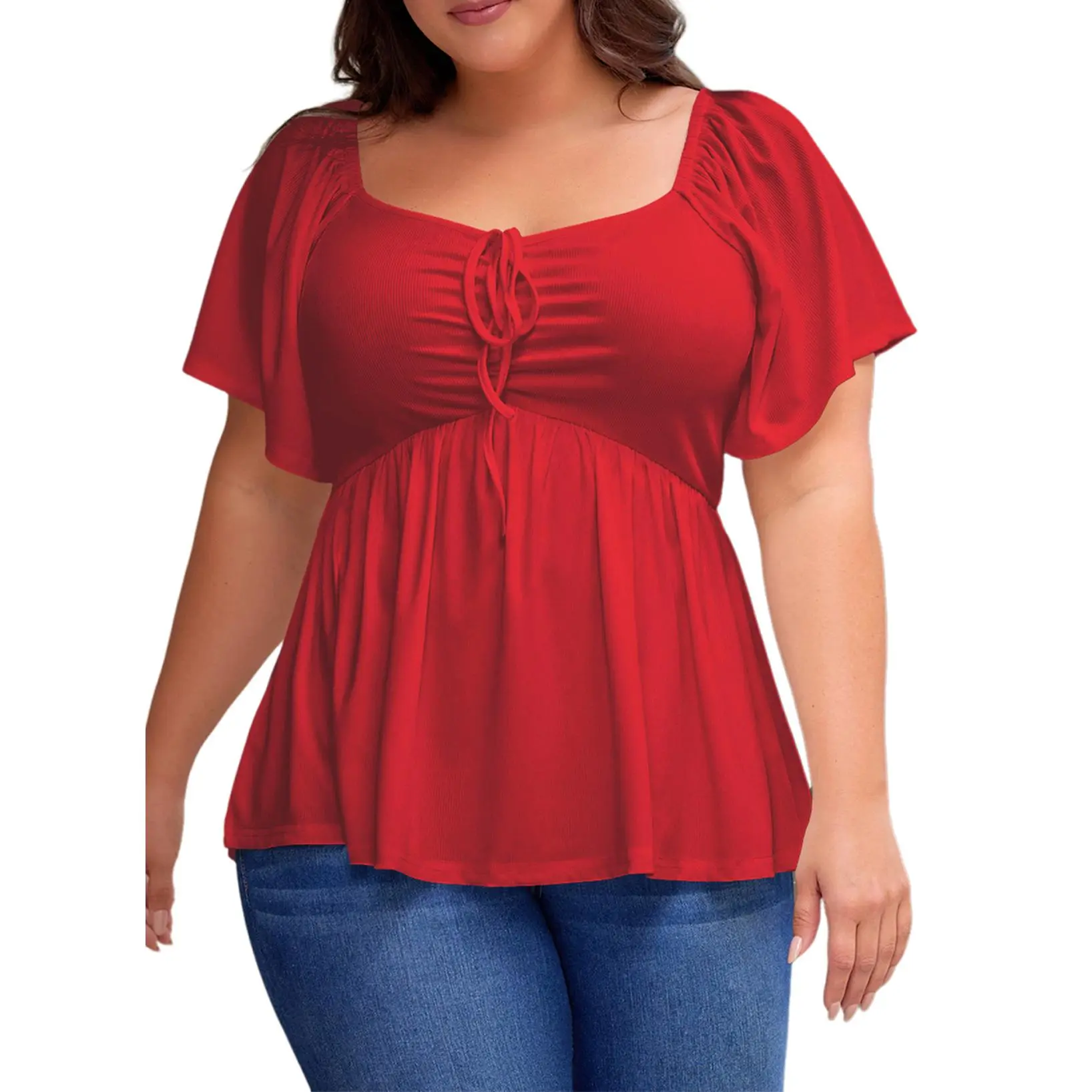 Women Sweetheart Neck Short Sleeve Shirred Peplum Rib Blouse Tops Shirts