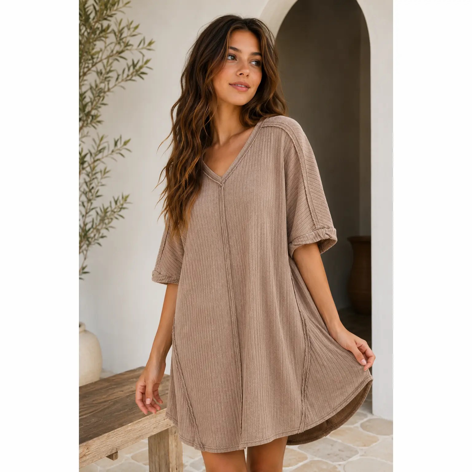🌸 Ribbed Acid-Washed Casual Midi Dress