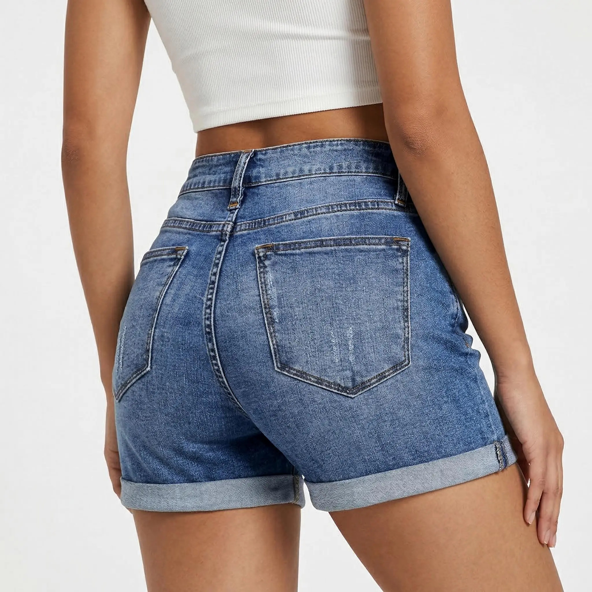Women's Mid-Rise Stretchy Distressed Cuffed Denim Shorts