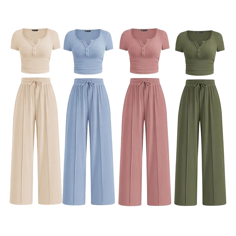 Women's Ribbed Crop Top & Wide Leg Pants Lounge Set
