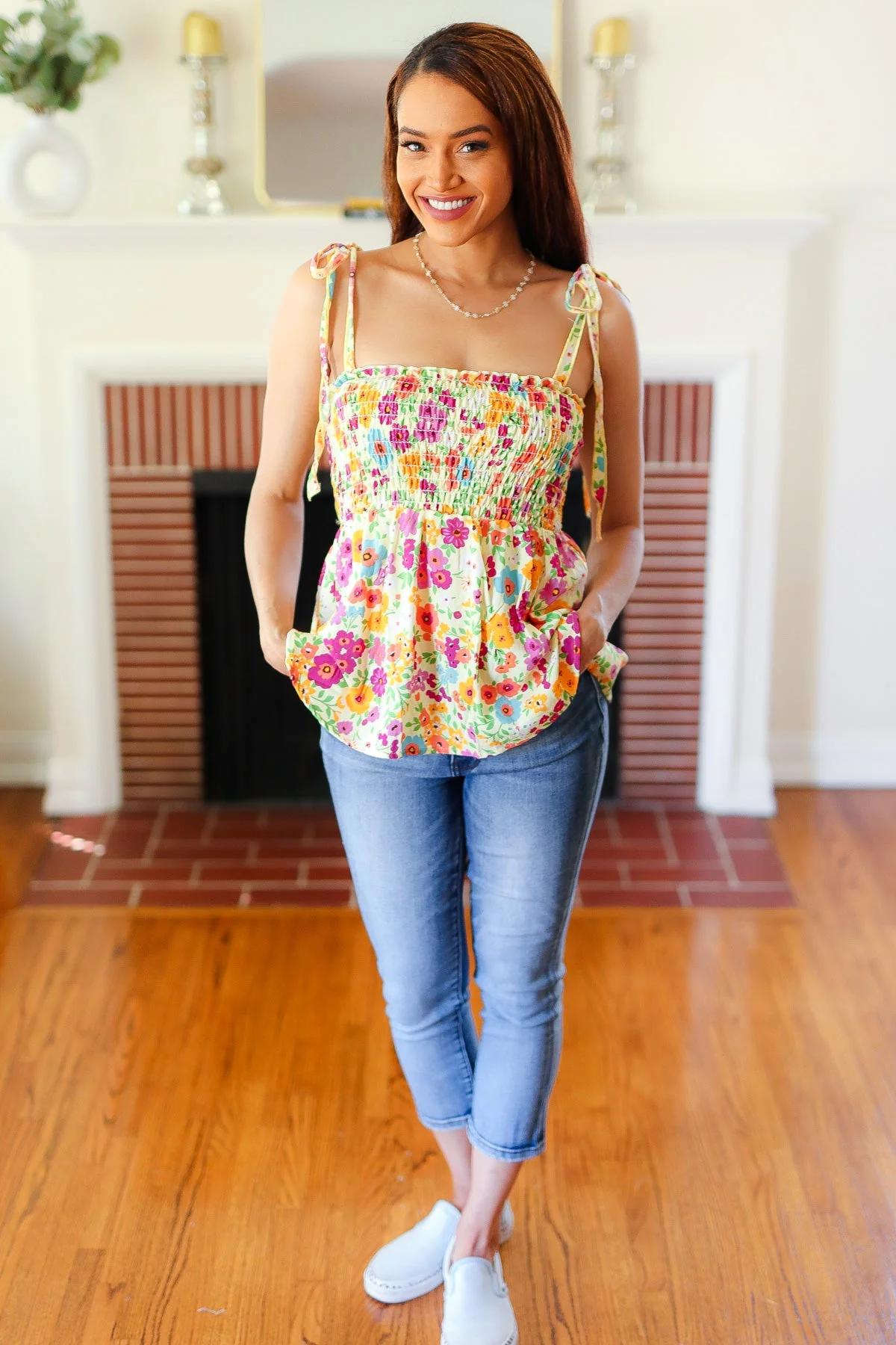 Sunny Days Floral Smocked Shoulder Tie Top in Yellow
