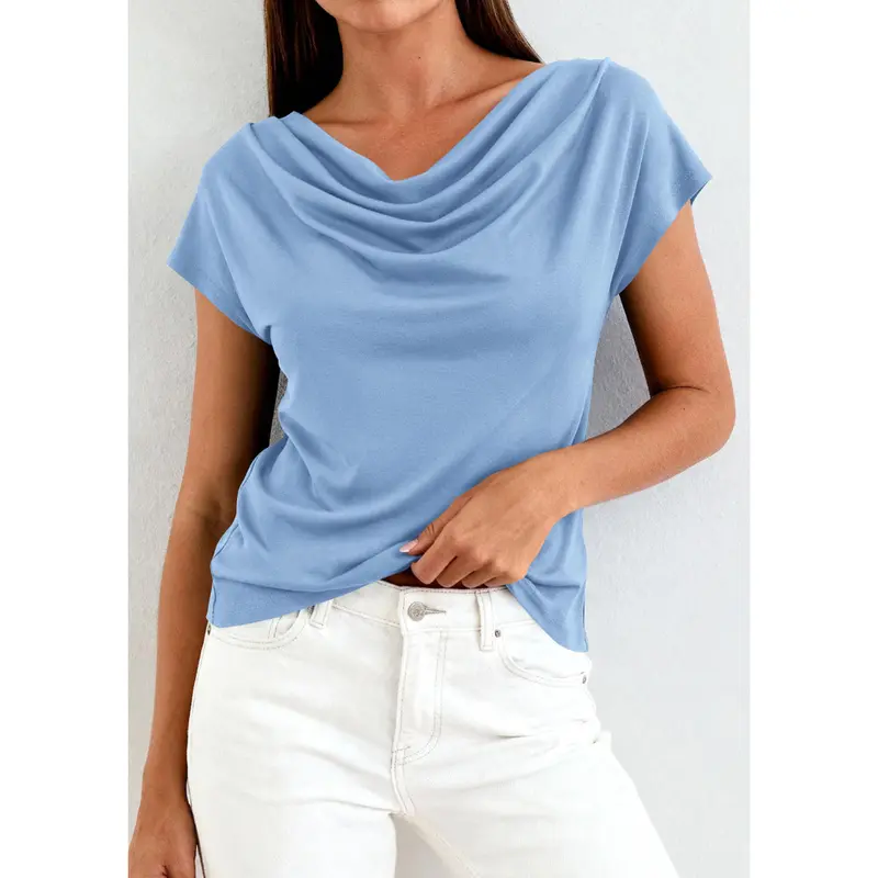 Women's Cowl-Neck Short-Sleeve Top — Elegant Casual Wear, Summer Shirt