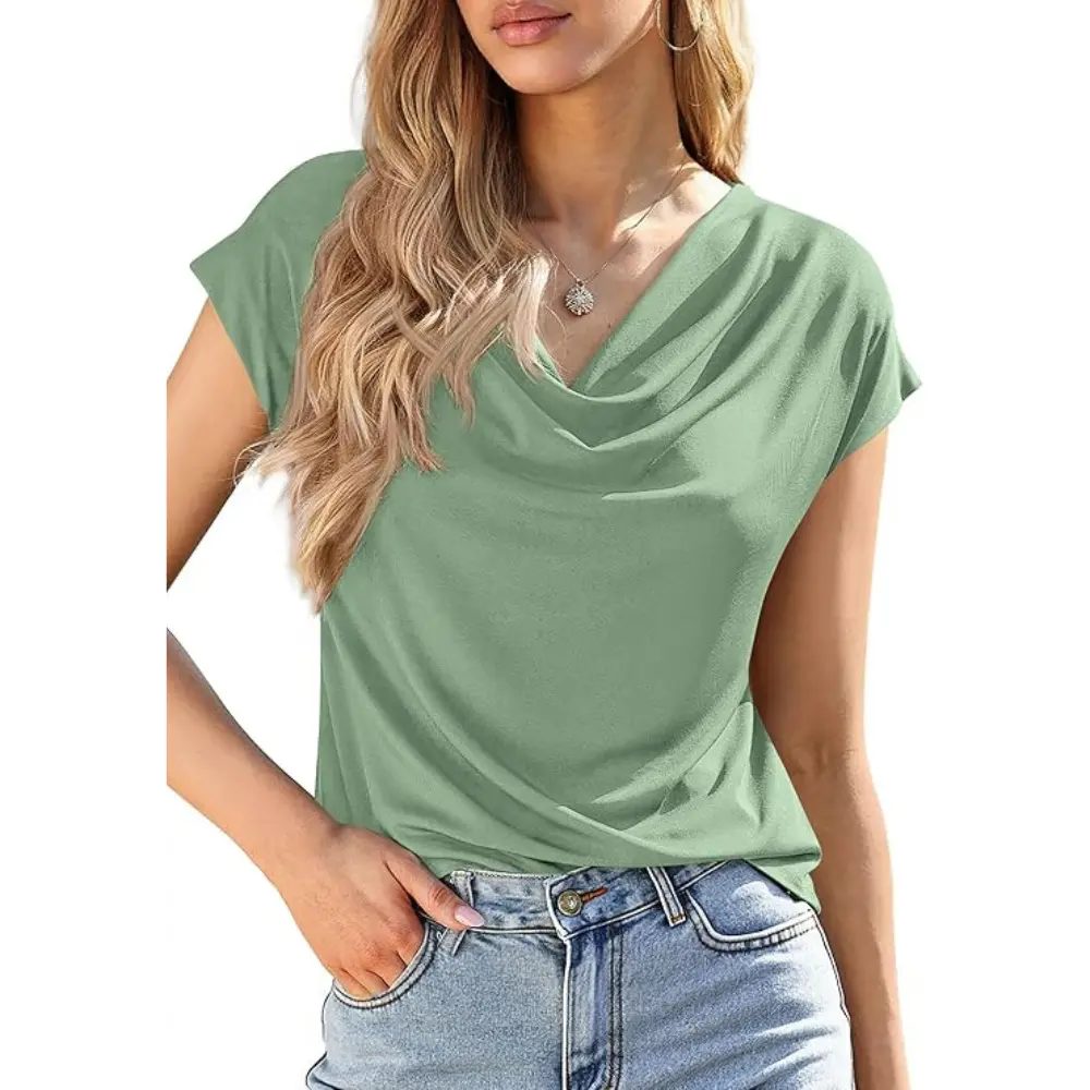 Women's Cowl-Neck Short-Sleeve Top — Elegant Casual Wear, Summer Shirt