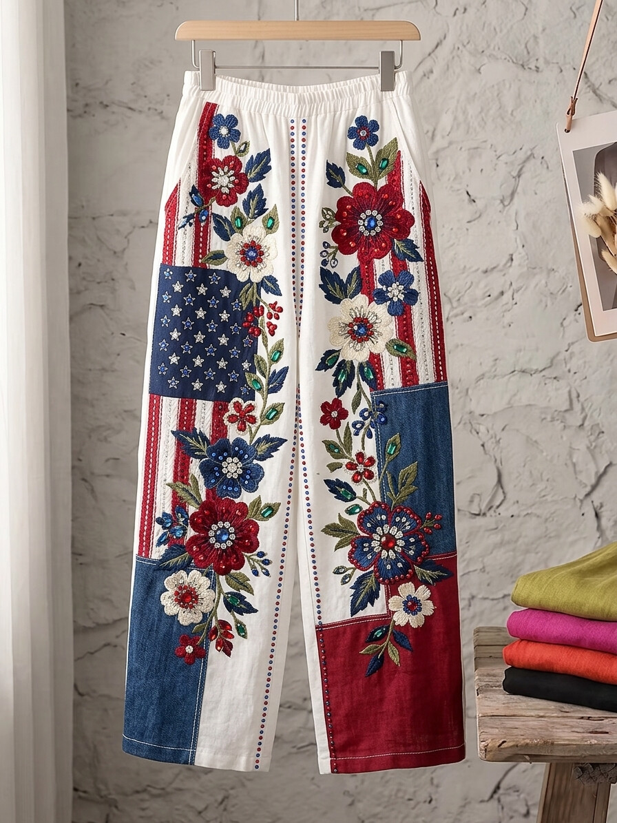 Women's Independence Day Floral Art American Flag Print Casual Wide Leg Pants